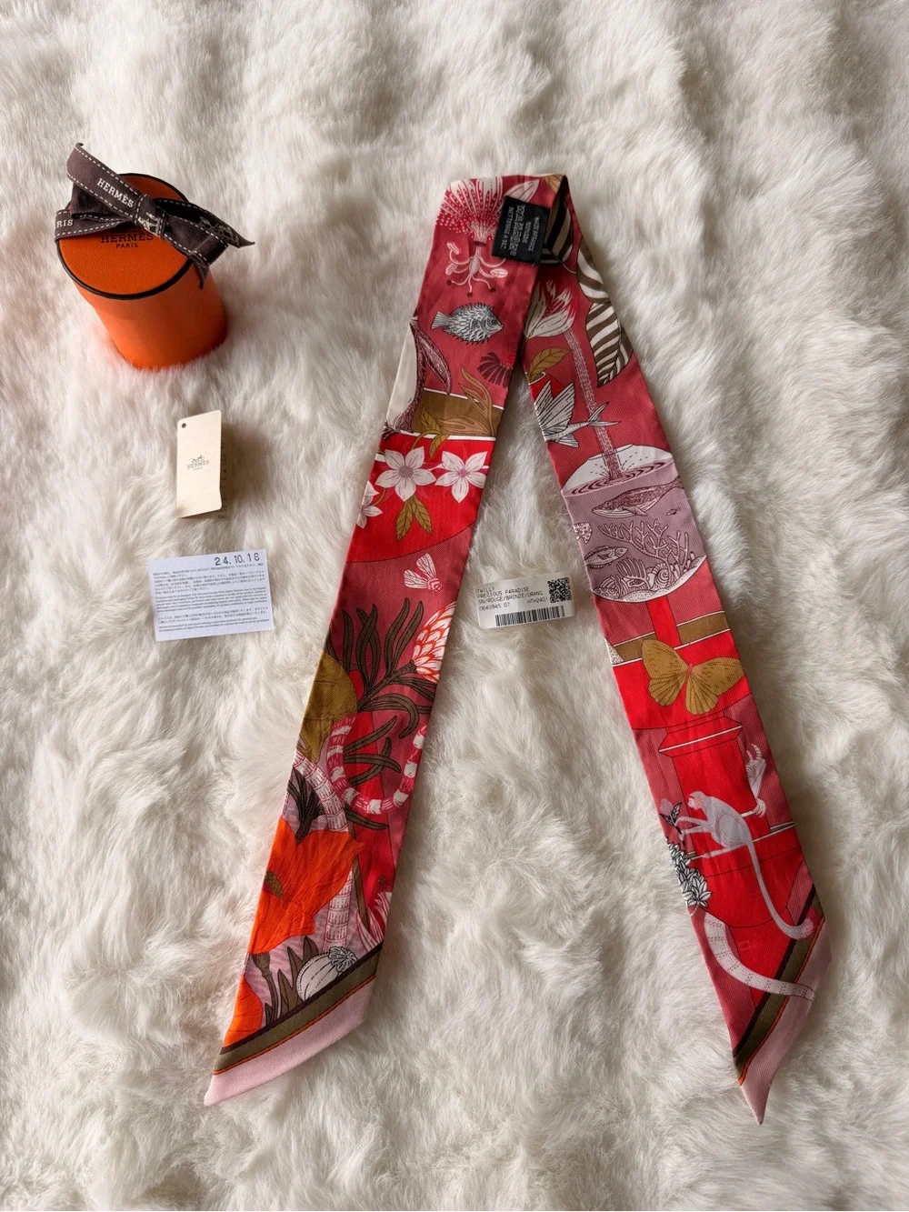 Hermès Precious Paradise Twilly Silk Scarf Rouge Bronze Orange